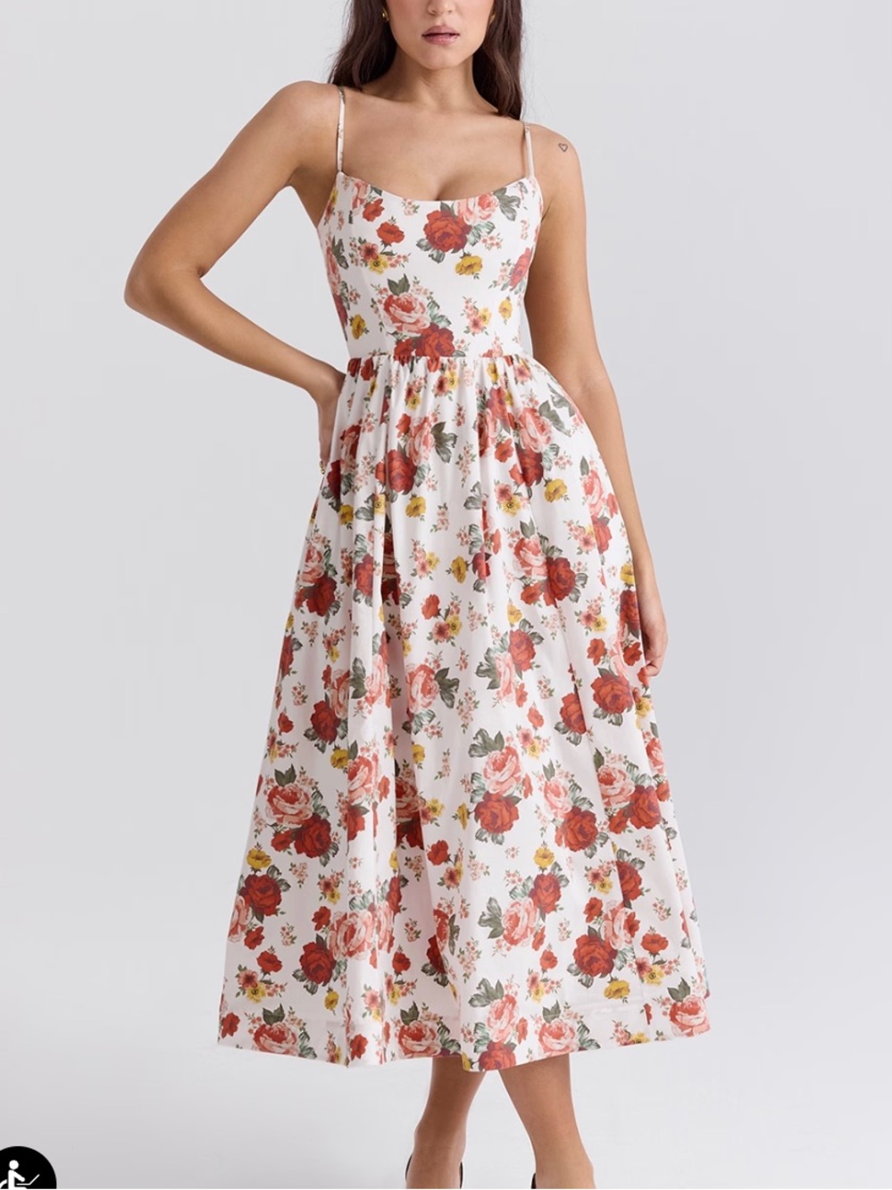 House of CB Cream Dress with Red and Green Floral Trim